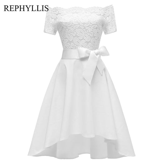 REPHYLLIS Women Slash Neck Short Sleeve Belt Vintage Party Ceremony Hi Lo Lace Swing Wedding Bridesmaid Party Dress