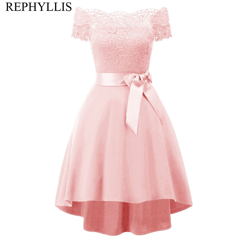 REPHYLLIS Women Slash Neck Short Sleeve Belt Vintage Party Ceremony Hi Lo Lace Swing Wedding Bridesmaid Party Dress