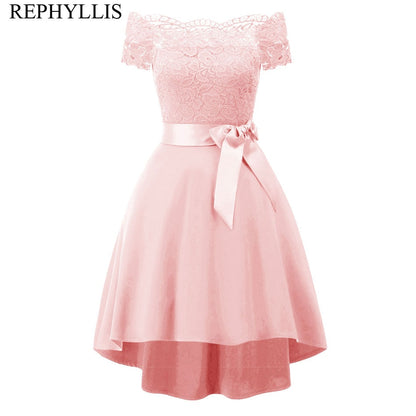 REPHYLLIS Women Slash Neck Short Sleeve Belt Vintage Party Ceremony Hi Lo Lace Swing Wedding Bridesmaid Party Dress