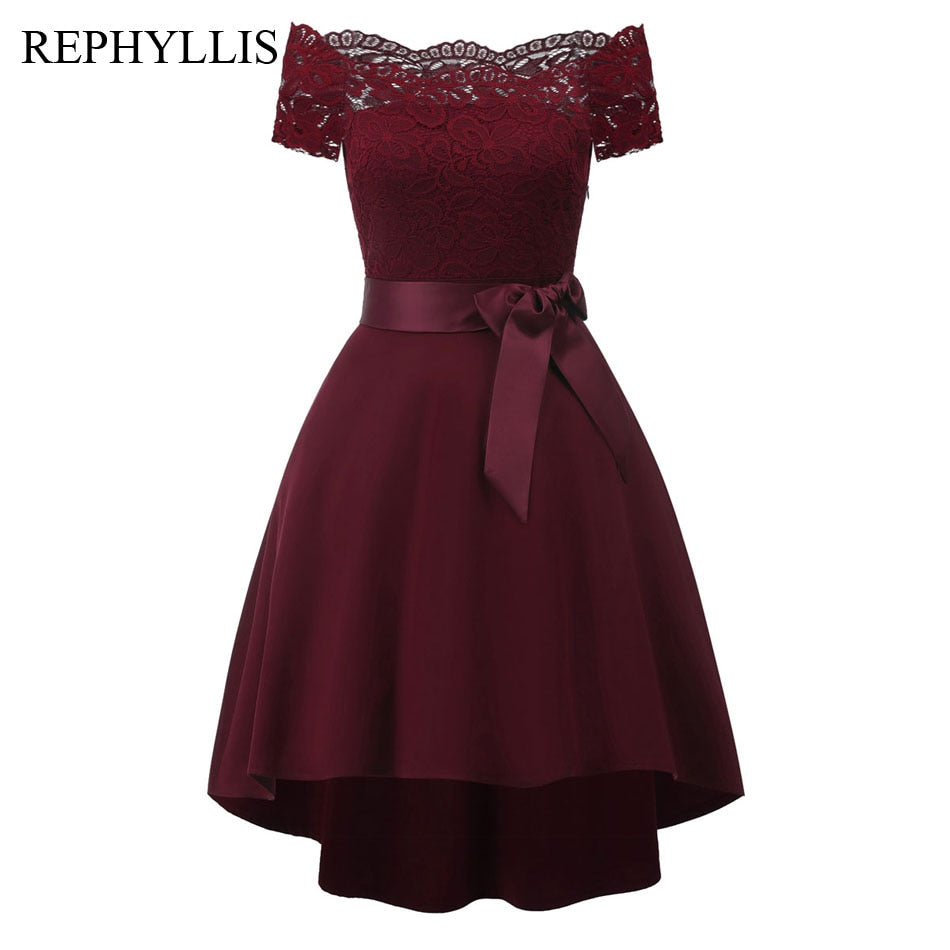 REPHYLLIS Women Slash Neck Short Sleeve Belt Vintage Party Ceremony Hi Lo Lace Swing Wedding Bridesmaid Party Dress