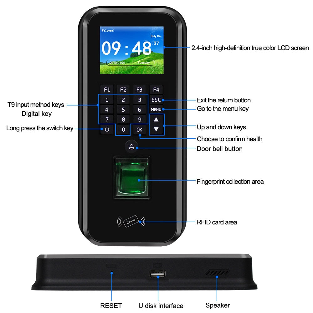 RFID Access Control System Realand 2.4inch TCP/IP/RS485 Biometric Fingerprint Time Attendance Machine Employee Check-in Recorder