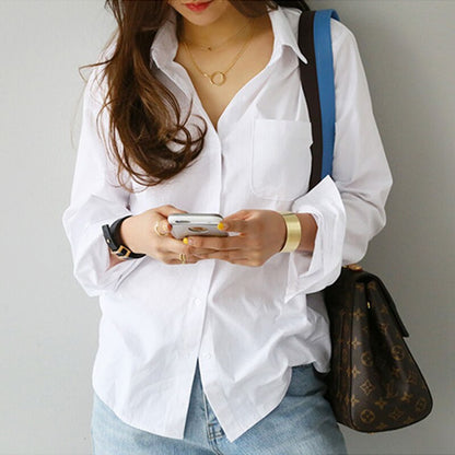 RICORIT Spring Shirt Women's Shirt White Shirt Blouse Female Blouse One Pocket Long Sleeve Lapel OL Style Women Loose Blouses Top