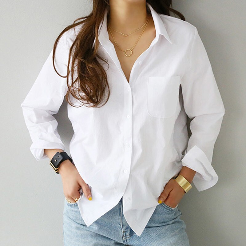 RICORIT Spring Shirt Women's Shirt White Shirt Blouse Female Blouse One Pocket Long Sleeve Lapel OL Style Women Loose Blouses Top