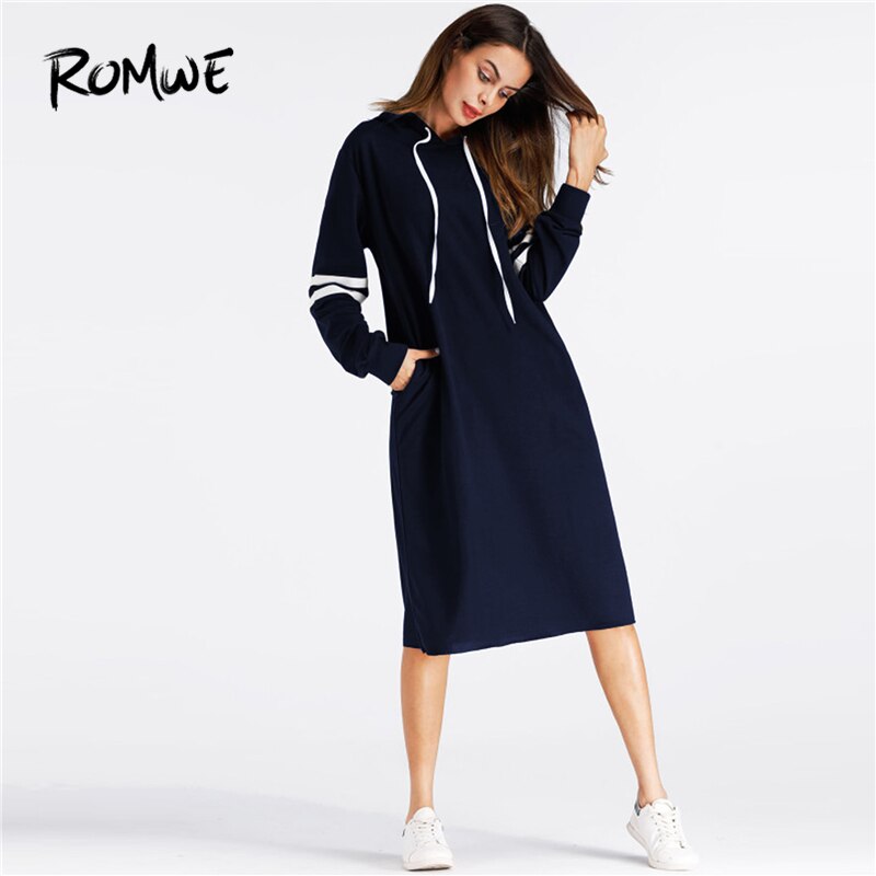 ROMWE Navy Varsity Striped Hoodie Dress with Front Pockets Casual 2019 Autumn Hooded Long Sleeve Clothing Knee Length Sweatshirt Dress