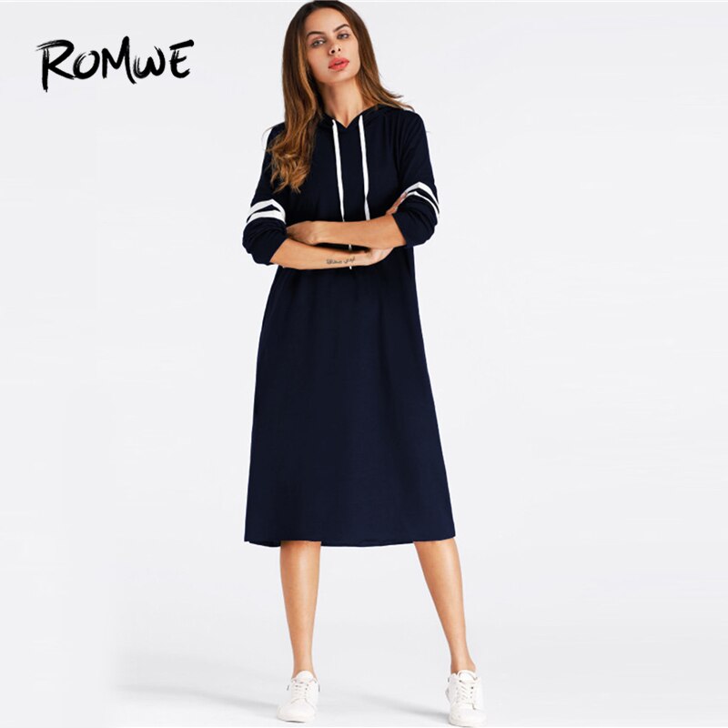 ROMWE Navy Varsity Striped Hoodie Dress with Front Pockets Casual 2019 Autumn Hooded Long Sleeve Clothing Knee Length Sweatshirt Dress