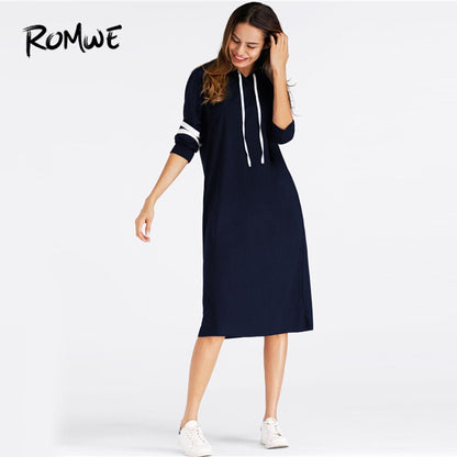 ROMWE Navy Varsity Striped Hoodie Dress with Front Pockets Casual 2019 Autumn Hooded Long Sleeve Clothing Knee Length Sweatshirt Dress