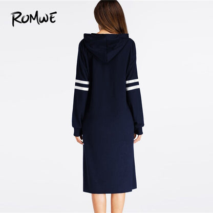 ROMWE Navy Varsity Striped Hoodie Dress with Front Pockets Casual 2019 Autumn Hooded Long Sleeve Clothing Knee Length Sweatshirt Dress