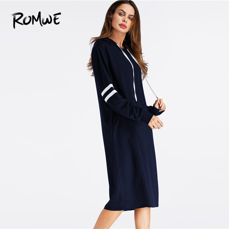 ROMWE Navy Varsity Striped Hoodie Dress with Front Pockets Casual 2019 Autumn Hooded Long Sleeve Clothing Knee Length Sweatshirt Dress