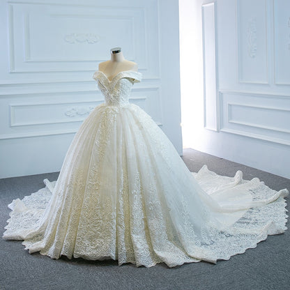 RSM66641 Luxury Elegant White V-neck Wedding Dress 2021 Draped Backless Applique Print Pattern Long Trailing Skirt