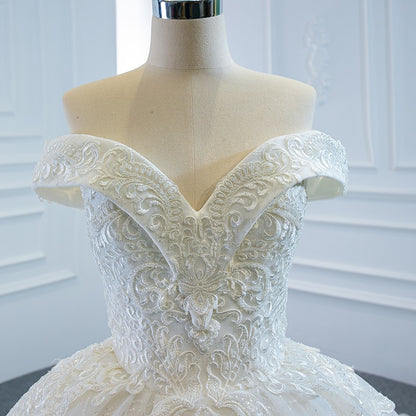 RSM66641 Luxury Elegant White V-neck Wedding Dress 2021 Draped Backless Applique Print Pattern Long Trailing Skirt