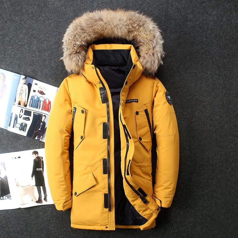 Real fur hooded jacket white duck down Russian winter warm winter coats men leisure outdoor ski jacket, 40 degrees below zero