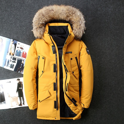 Real fur hooded jacket white duck down Russian winter warm winter coats men leisure outdoor ski jacket, 40 degrees below zero