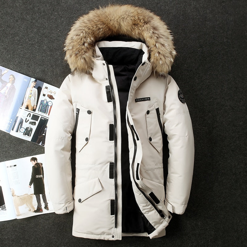 Real fur hooded jacket white duck down Russian winter warm winter coats men leisure outdoor ski jacket, 40 degrees below zero