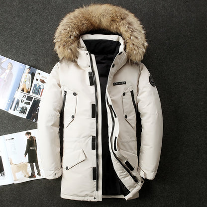 Real fur hooded jacket white duck down Russian winter warm winter coats men leisure outdoor ski jacket, 40 degrees below zero