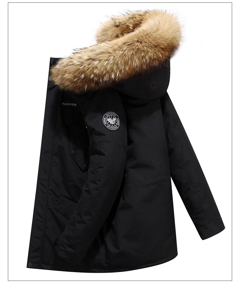 Real fur hooded jacket white duck down Russian winter warm winter coats men leisure outdoor ski jacket, 40 degrees below zero