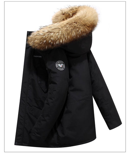 Real fur hooded jacket white duck down Russian winter warm winter coats men leisure outdoor ski jacket, 40 degrees below zero