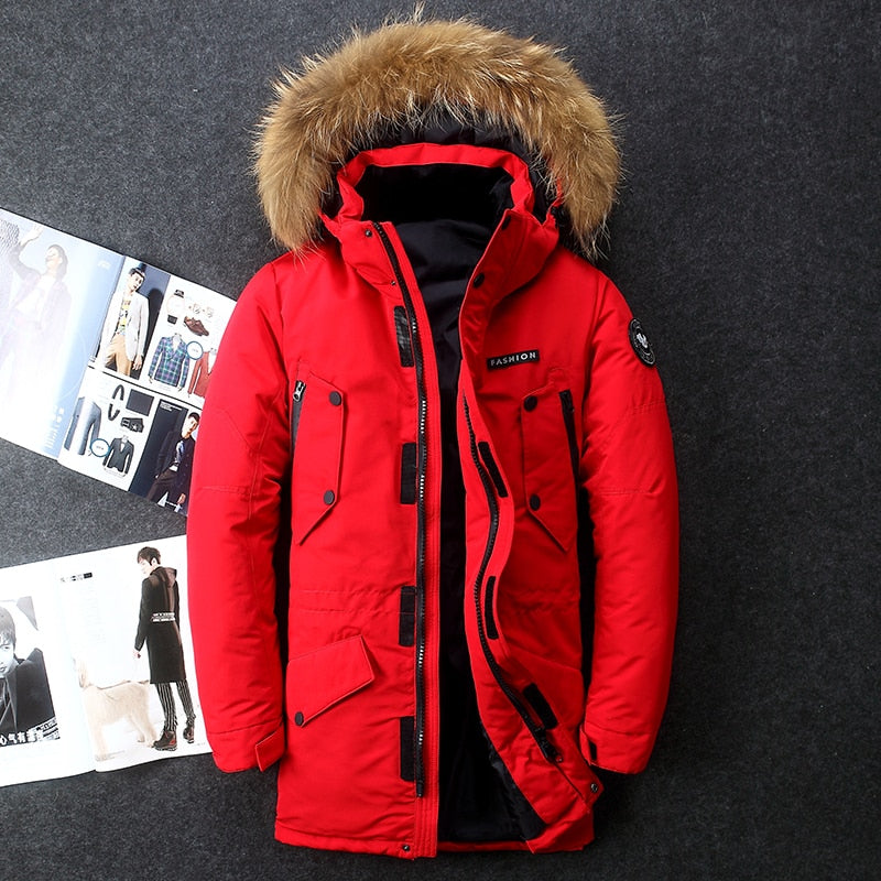 Real fur hooded jacket white duck down Russian winter warm winter coats men leisure outdoor ski jacket, 40 degrees below zero