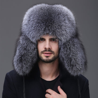 Real fur100% Fox Skin Russian businessmen Pilot bombers Full mao Men's hat ushanka Winter Ear Guard Hat Raccoon