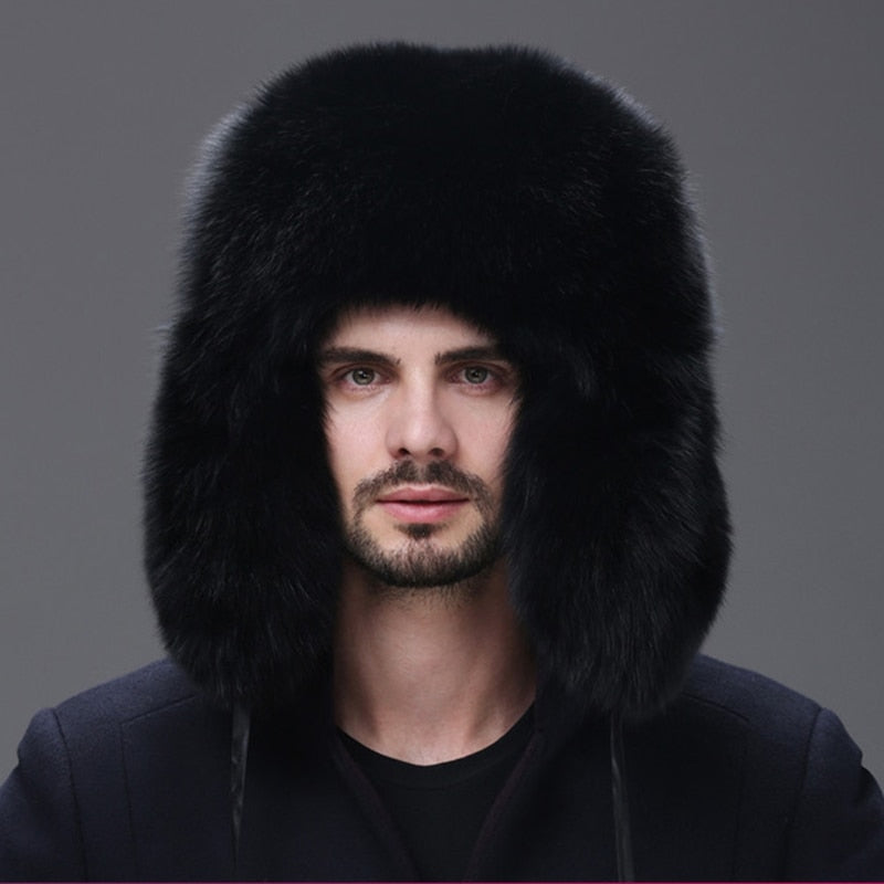 Real fur100% Fox Skin Russian businessmen Pilot bombers Full mao Men's hat ushanka Winter Ear Guard Hat Raccoon