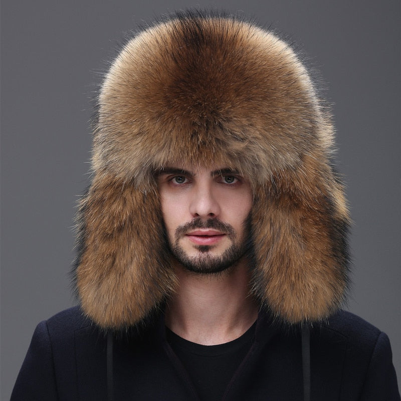 Real fur100% Fox Skin Russian businessmen Pilot bombers Full mao Men's hat ushanka Winter Ear Guard Hat Raccoon