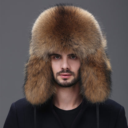 Real fur100% Fox Skin Russian businessmen Pilot bombers Full mao Men's hat ushanka Winter Ear Guard Hat Raccoon