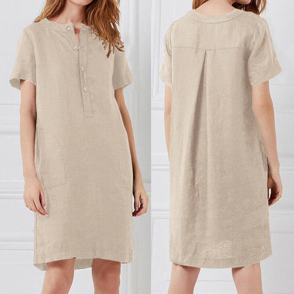 Retro Cotton Linen Shirt Dress Women Autumn O-Neck Short Sleeve Casual Loose Dresses Summer Ladies Clothing Pure Color 2020