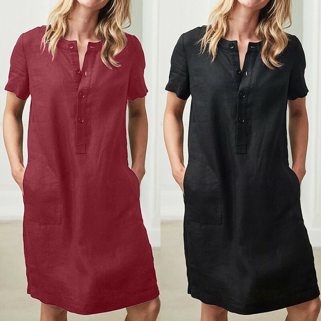 Retro Cotton Linen Shirt Dress Women Autumn O-Neck Short Sleeve Casual Loose Dresses Summer Ladies Clothing Pure Color 2020