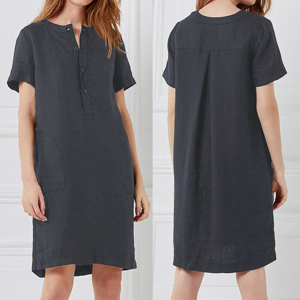 Retro Cotton Linen Shirt Dress Women Autumn O-Neck Short Sleeve Casual Loose Dresses Summer Ladies Clothing Pure Color 2020