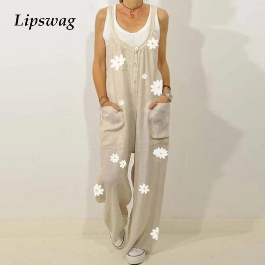 Retro Flower Print Cotton Linen Jumpsuit Summer Elegant Button Strappy Backless Bodysuit Sexy Pocket Loose Women Trousers Romper