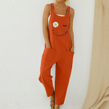 Retro Flower Print Cotton Linen Jumpsuit Summer Elegant Button Strappy Backless Bodysuit Sexy Pocket Loose Women Trousers Romper