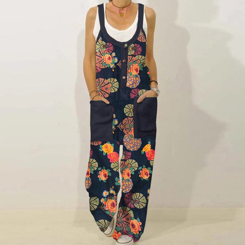 Retro Flower Print Cotton Linen Jumpsuit Summer Elegant Button Strappy Backless Bodysuit Sexy Pocket Loose Women Trousers Romper