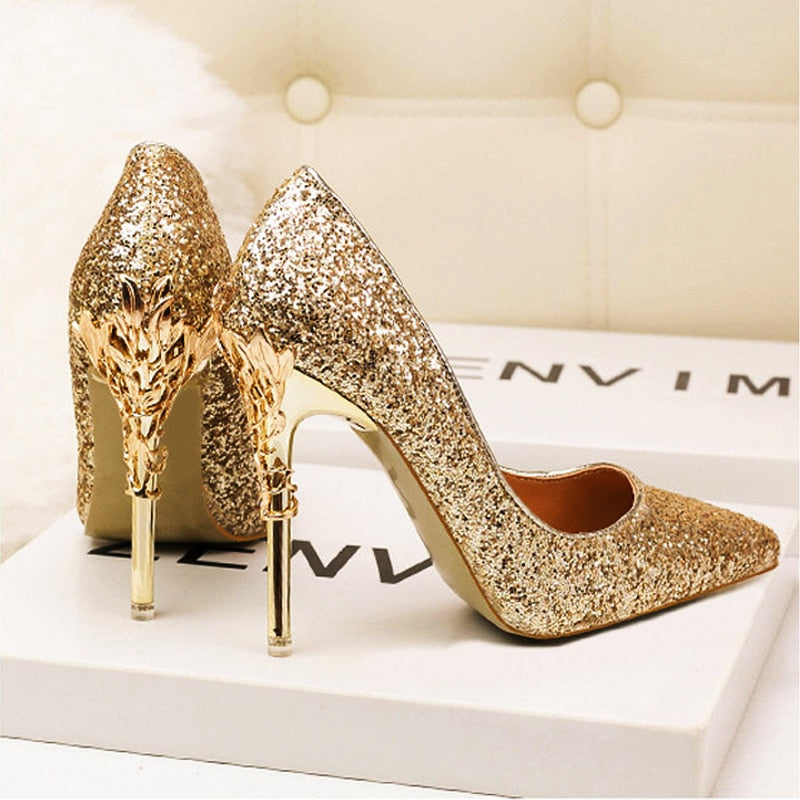 Rhinestone Women's Shoes High Heels Sequin Sexy Party Wedding Bridal Shoes Metal Heel Stiletto Woman Pumps Pointed Ladies Shoes
