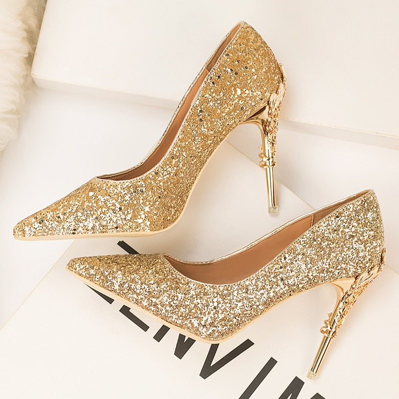 Rhinestone Women's Shoes High Heels Sequin Sexy Party Wedding Bridal Shoes Metal Heel Stiletto Woman Pumps Pointed Ladies Shoes