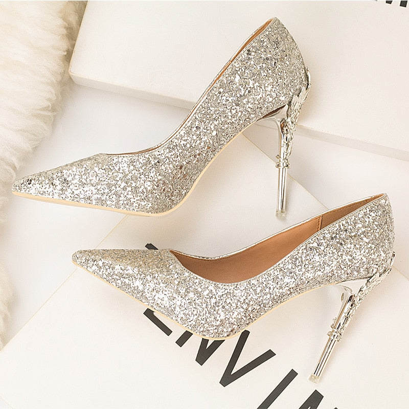 Rhinestone Women's Shoes High Heels Sequin Sexy Party Wedding Bridal Shoes Metal Heel Stiletto Woman Pumps Pointed Ladies Shoes