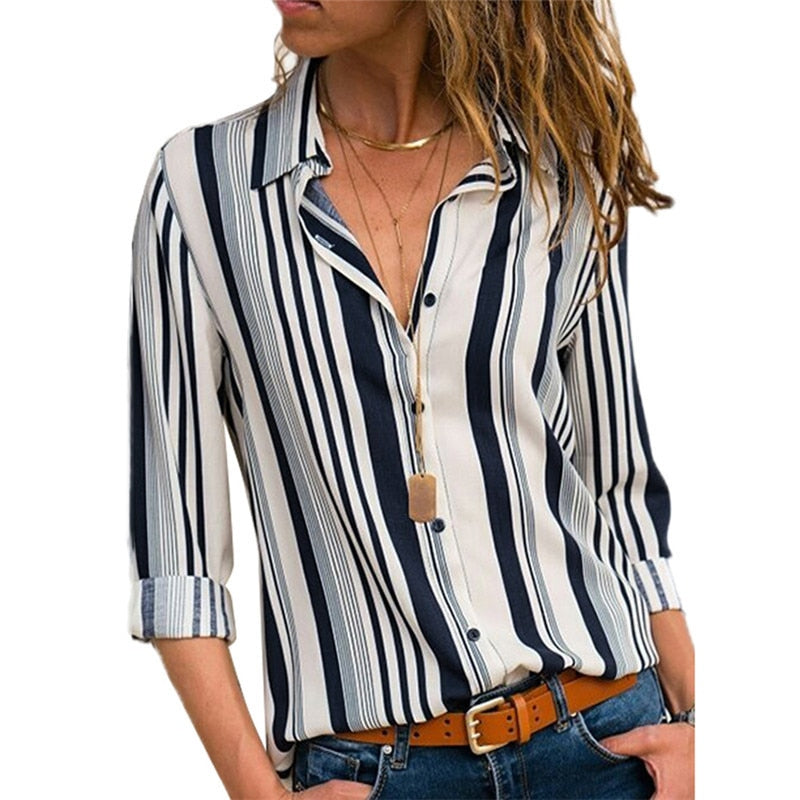 Rogi Women Striped Button Blouse Casual Long Sleeve Blouses Shirts Elegant Office Lady Loose Shirt Tops Tunic Chemise Femme