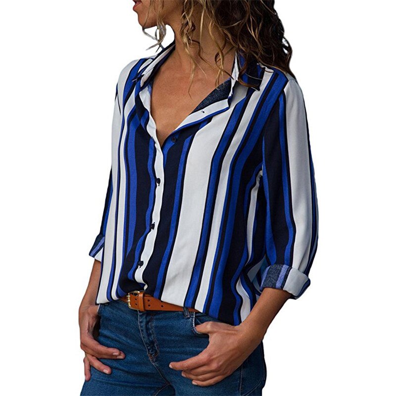 Rogi Women Striped Button Blouse Casual Long Sleeve Blouses Shirts Elegant Office Lady Loose Shirt Tops Tunic Chemise Femme