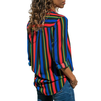 Rogi Women Striped Button Blouse Casual Long Sleeve Blouses Shirts Elegant Office Lady Loose Shirt Tops Tunic Chemise Femme
