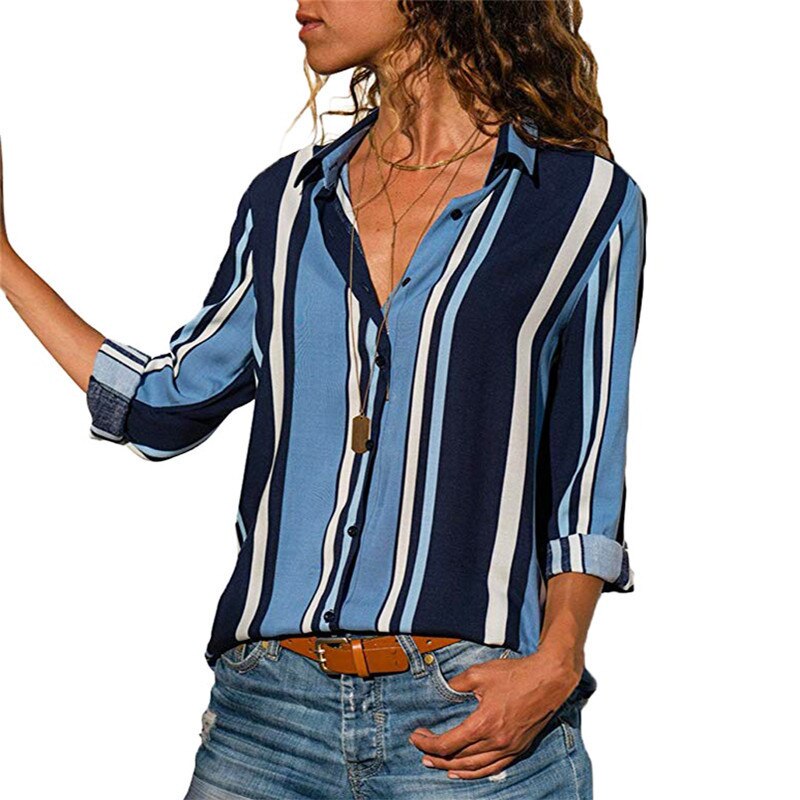 Rogi Women Striped Button Blouse Casual Long Sleeve Blouses Shirts Elegant Office Lady Loose Shirt Tops Tunic Chemise Femme