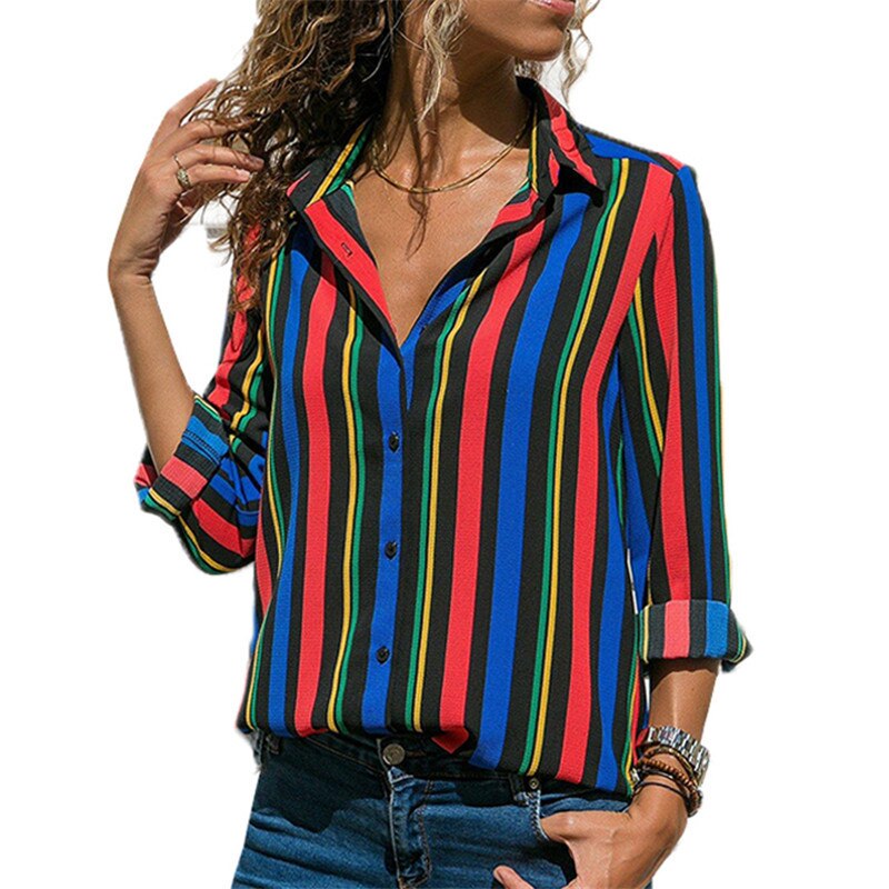 Rogi Women Striped Button Blouse Casual Long Sleeve Blouses Shirts Elegant Office Lady Loose Shirt Tops Tunic Chemise Femme