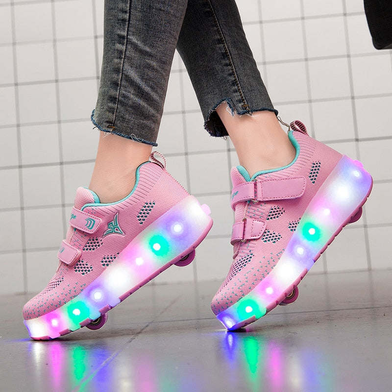 Roller Skate Shoes for Kids Boys Girls LED Wheels Sneakers with On Double Wheels Children Boy Girl Glowing Roller Sneakers Shoes