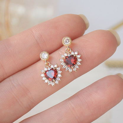 Romantic 14K Real Gold  Heart Stud Earrings Japanese & Korea Delicate Jewelry Zircon Red Crystal Earrings