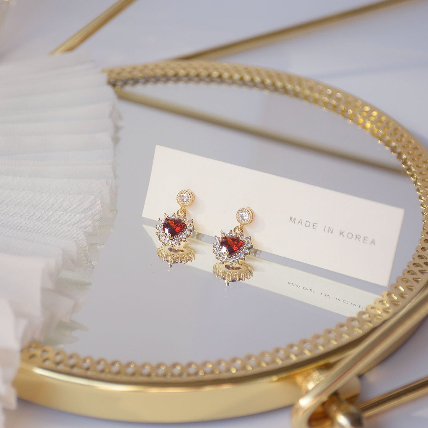 Romantic 14K Real Gold  Heart Stud Earrings Japanese & Korea Delicate Jewelry Zircon Red Crystal Earrings