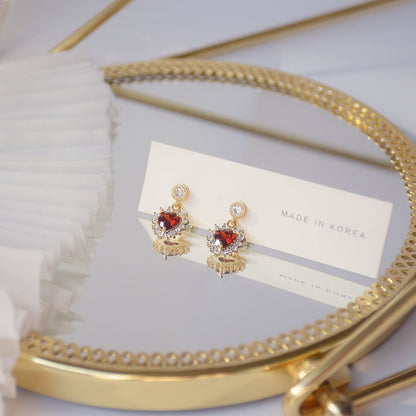 Romantic 14K Real Gold  Heart Stud Earrings Japanese & Korea Delicate Jewelry Zircon Red Crystal Earrings