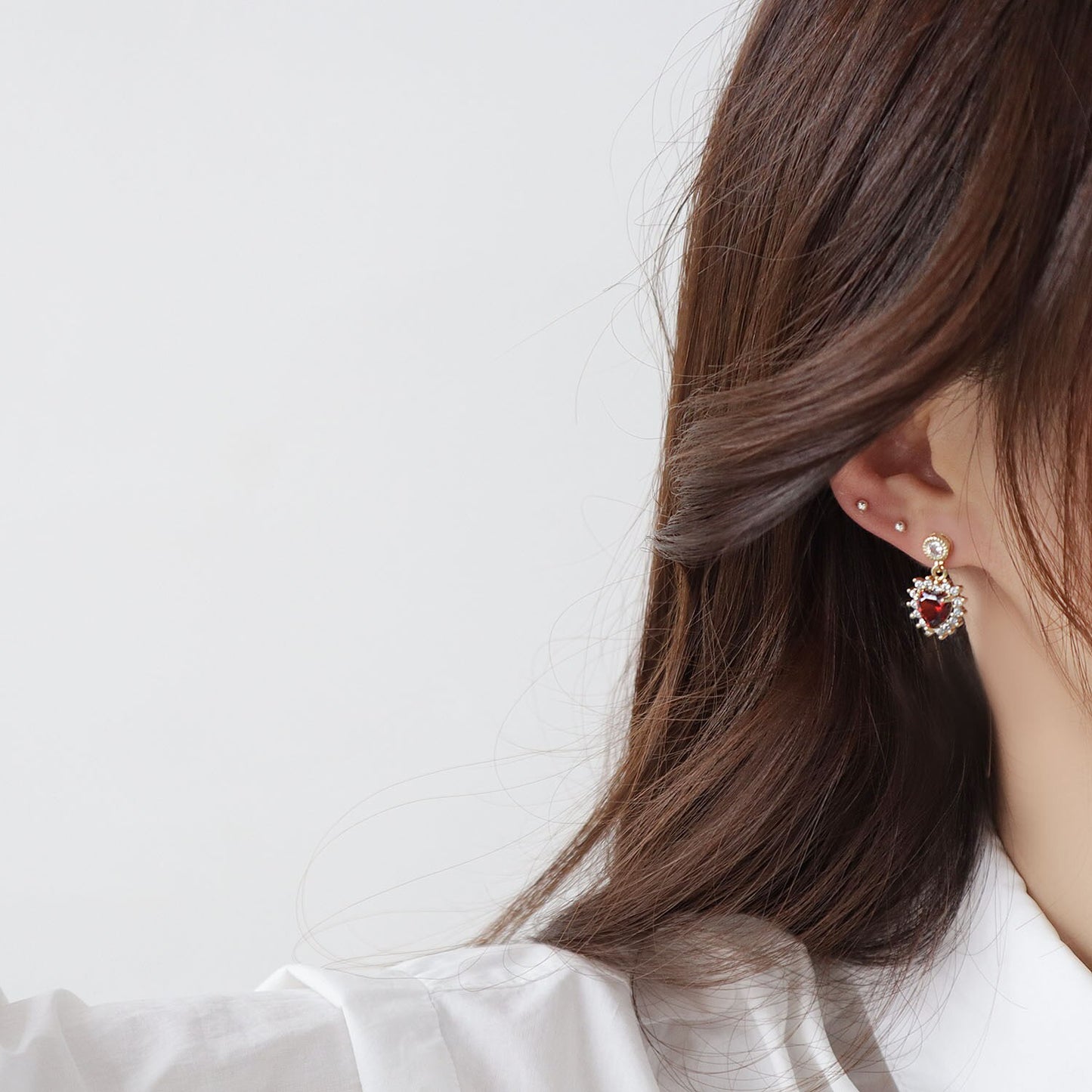 Romantic 14K Real Gold  Heart Stud Earrings Japanese & Korea Delicate Jewelry Zircon Red Crystal Earrings