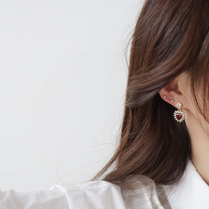 Romantic 14K Real Gold  Heart Stud Earrings Japanese & Korea Delicate Jewelry Zircon Red Crystal Earrings