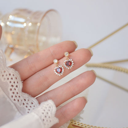 Romantic 14K Real Gold  Heart Stud Earrings Japanese & Korea Delicate Jewelry Zircon Red Crystal Earrings