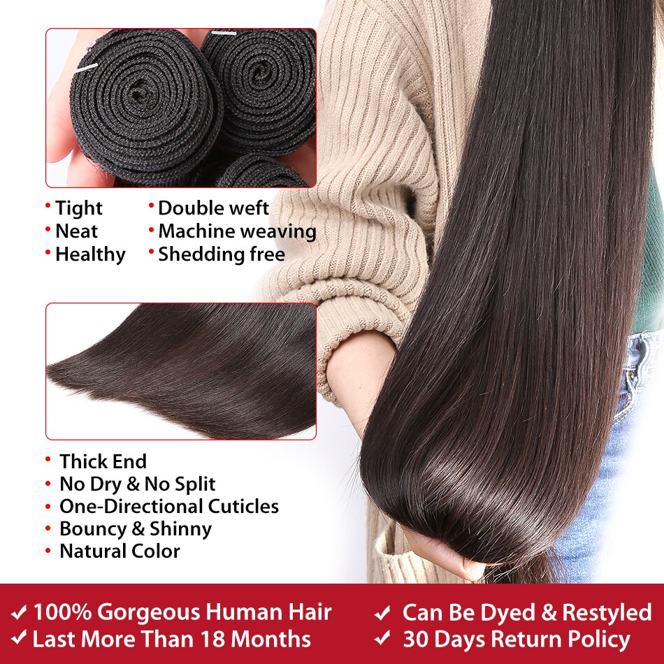 Rosa Beauty 8 to 28 30 40 Inch Natural Color Brazilian Hair Weave 1 3 4 Bundles Straight 100% Remy Human Hair Extensions Weft