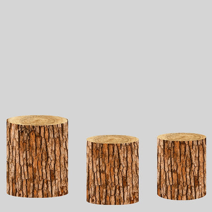 Round Cylinder Plinth Covers Background Elastic Fabric Polyster Customize Size Brown Wood Dessert Table cover