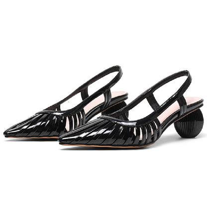 Round Heels Women's Sandals Genuine Leather Pointed Toe Summer Shoes For Women Slingbacks Nude Black Party Shoes Ladies Big Size