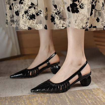 Round Heels Women's Sandals Genuine Leather Pointed Toe Summer Shoes For Women Slingbacks Nude Black Party Shoes Ladies Big Size
